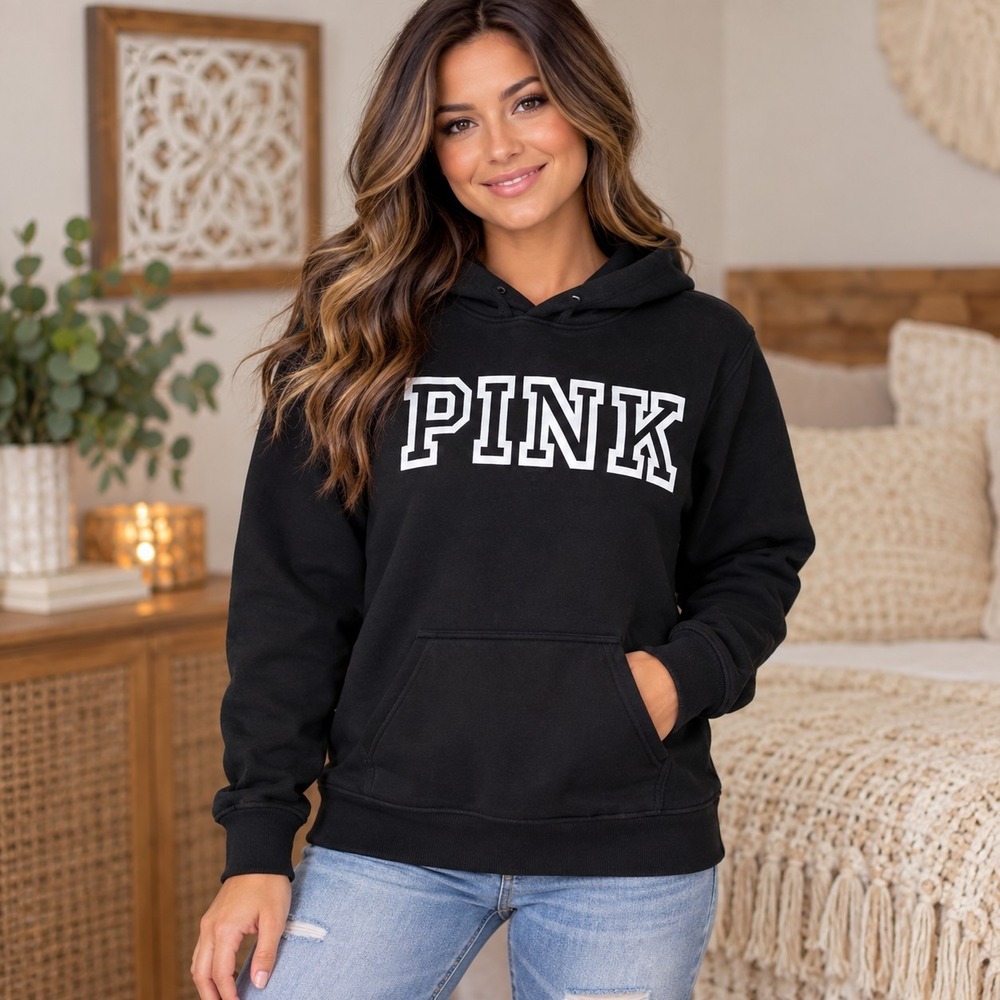 Victoria's Secret PINK Black Campus Pullover Hoodie Women's XS Athleisure Cozy